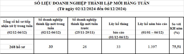 Số liệu doanh nghiệp thành lập mới từ 02/12/2024 đến ngày 06/12/2024