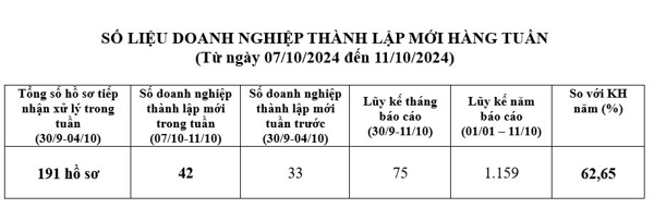 Số liệu doanh nghiệp thành lập mới từ 07/10/2024 đến ngày 11/10/2024