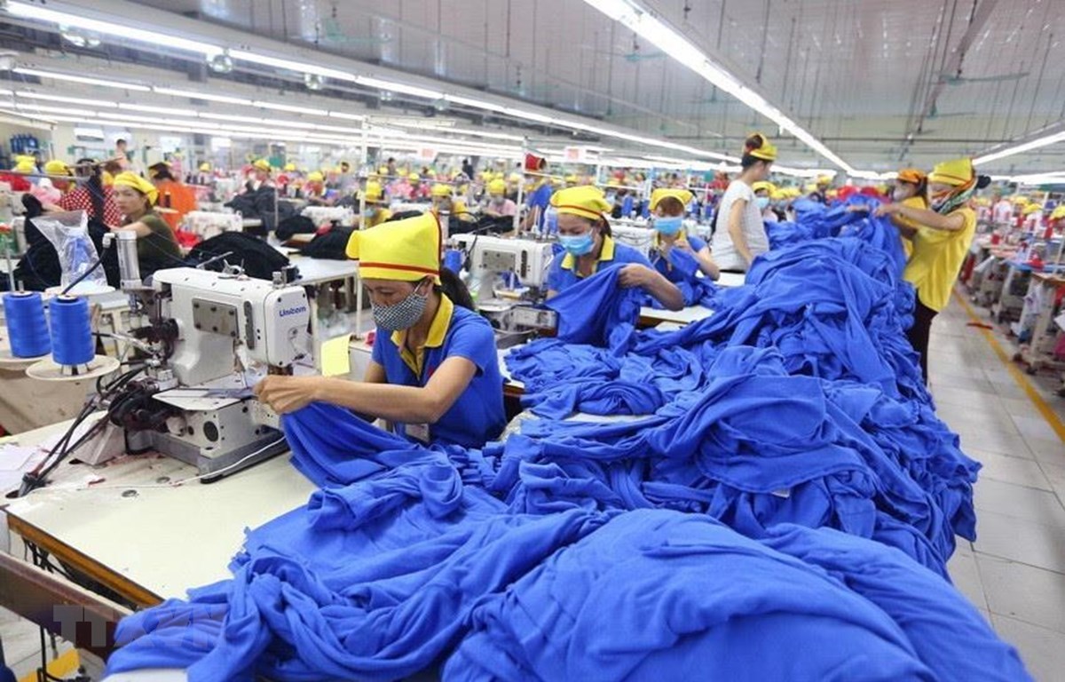 Dây chuyền sản xuất hàng may mặc tại Công ty Trách nhiệm hữu hạn Hana Kovi Việt Nam, 100% vốn đầu tư của Hàn Quốc tại Bắc Giang. (Ảnh: Danh Lam/TTXVN)